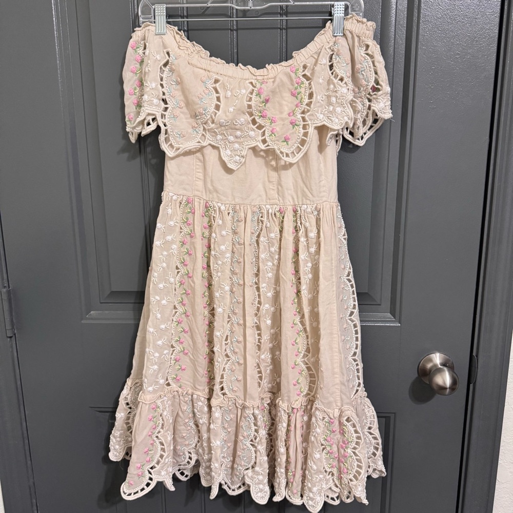 Love Sam Cream Off the Shoulder Beaded Embroidered Floral Midi Dress - Picture 10 of 16